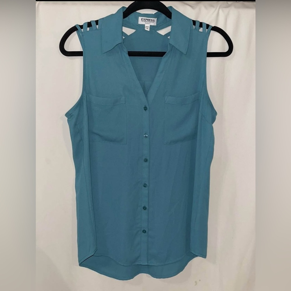 Express Sleeveless Button-Down Shirt in Teal Blue